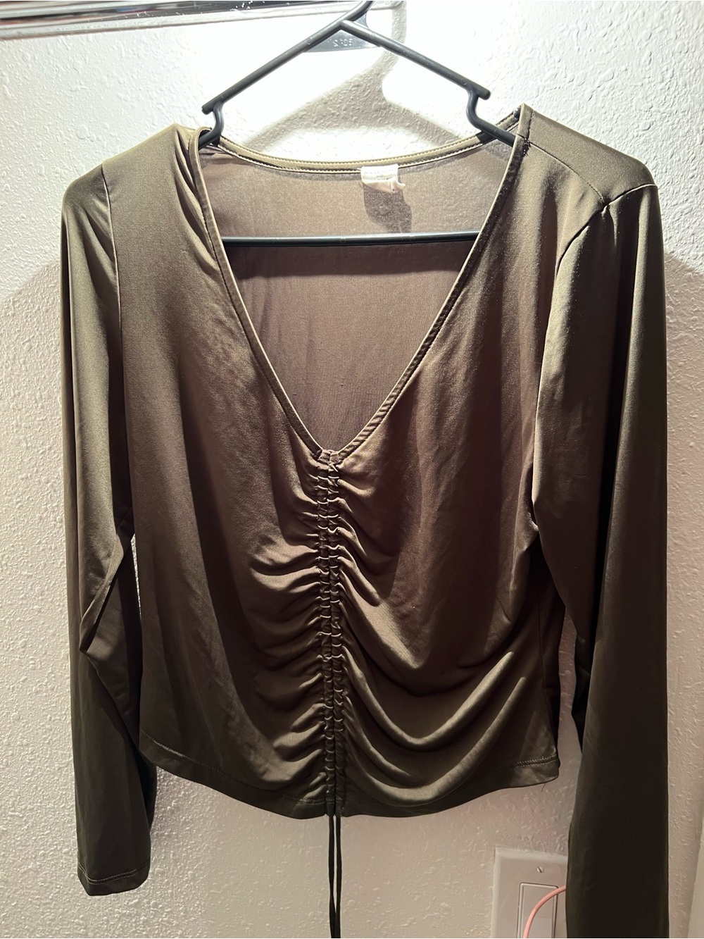 Melrose and Market Olive Drawstring Ruched V-Neck Long Sleeve Top